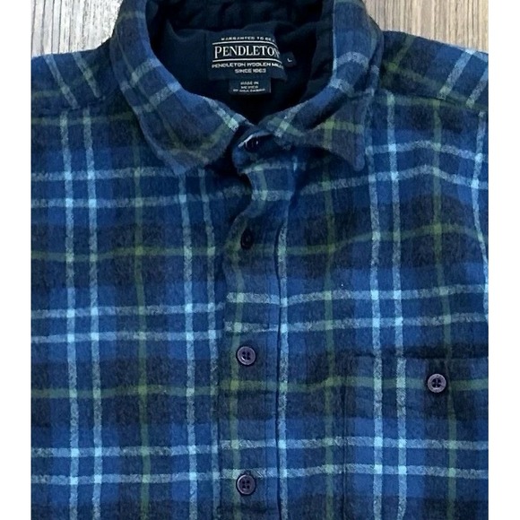 Pendleton Mens size Large Trail Shirt Blue Virgin Wool Button Up Elbow Patch - Picture 3 of 9